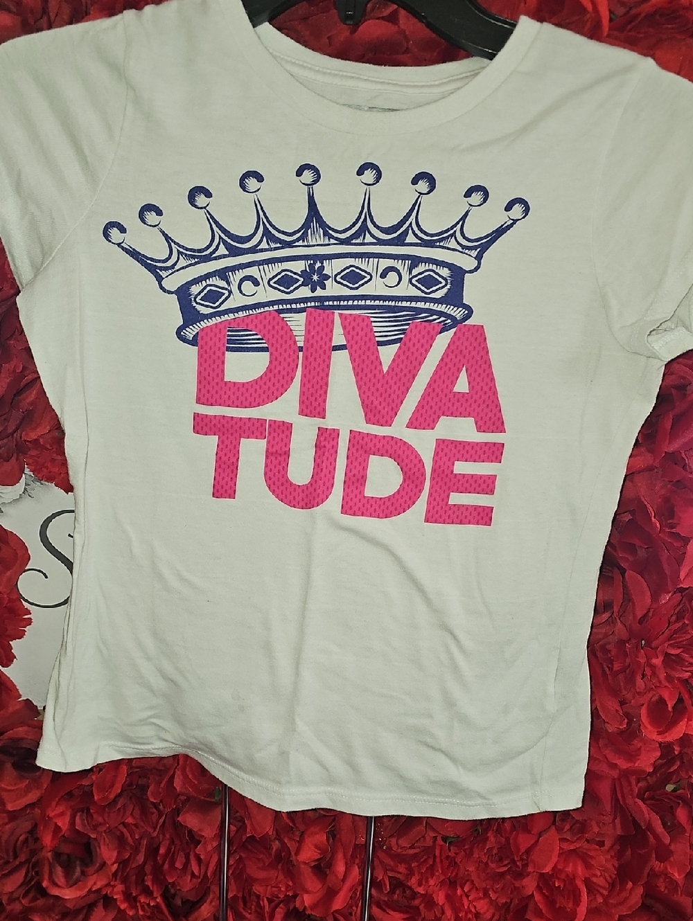 Layer 8 White Tee with Pink "DIVATUDE" and Blue Crown